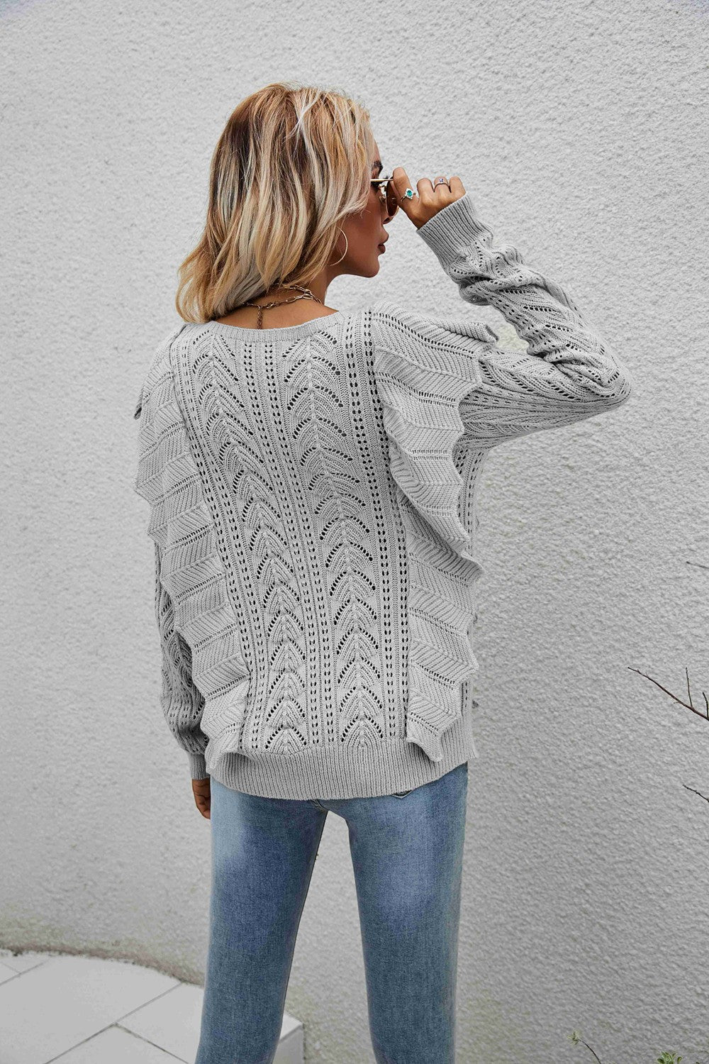 Openwork Round Neck Ruffled Sweater