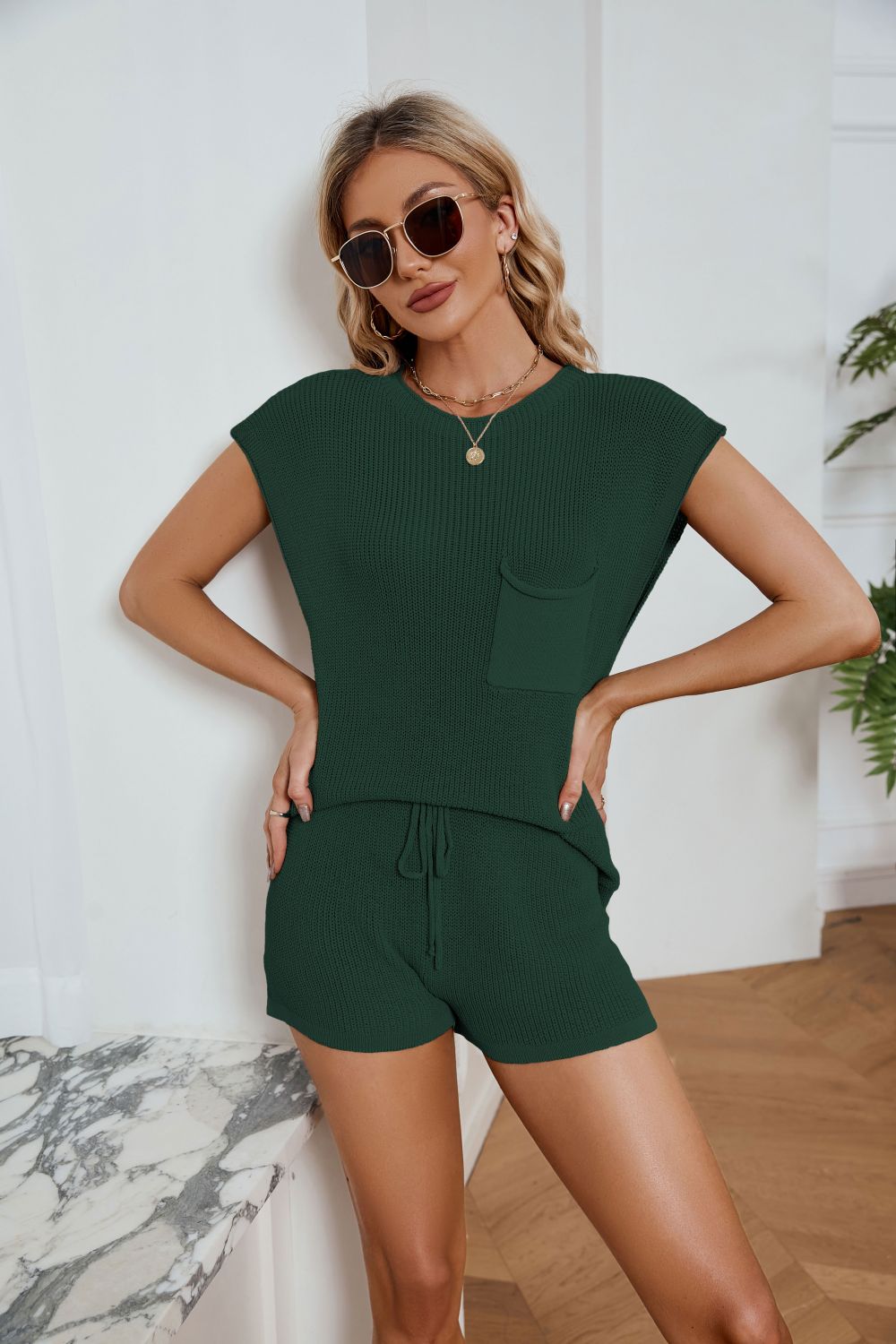 Ribbed Round Neck Pocket Knit Top Shorts Set