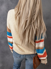 Striped Dropped Shoulder Crewneck Ribbed Trim Sweater