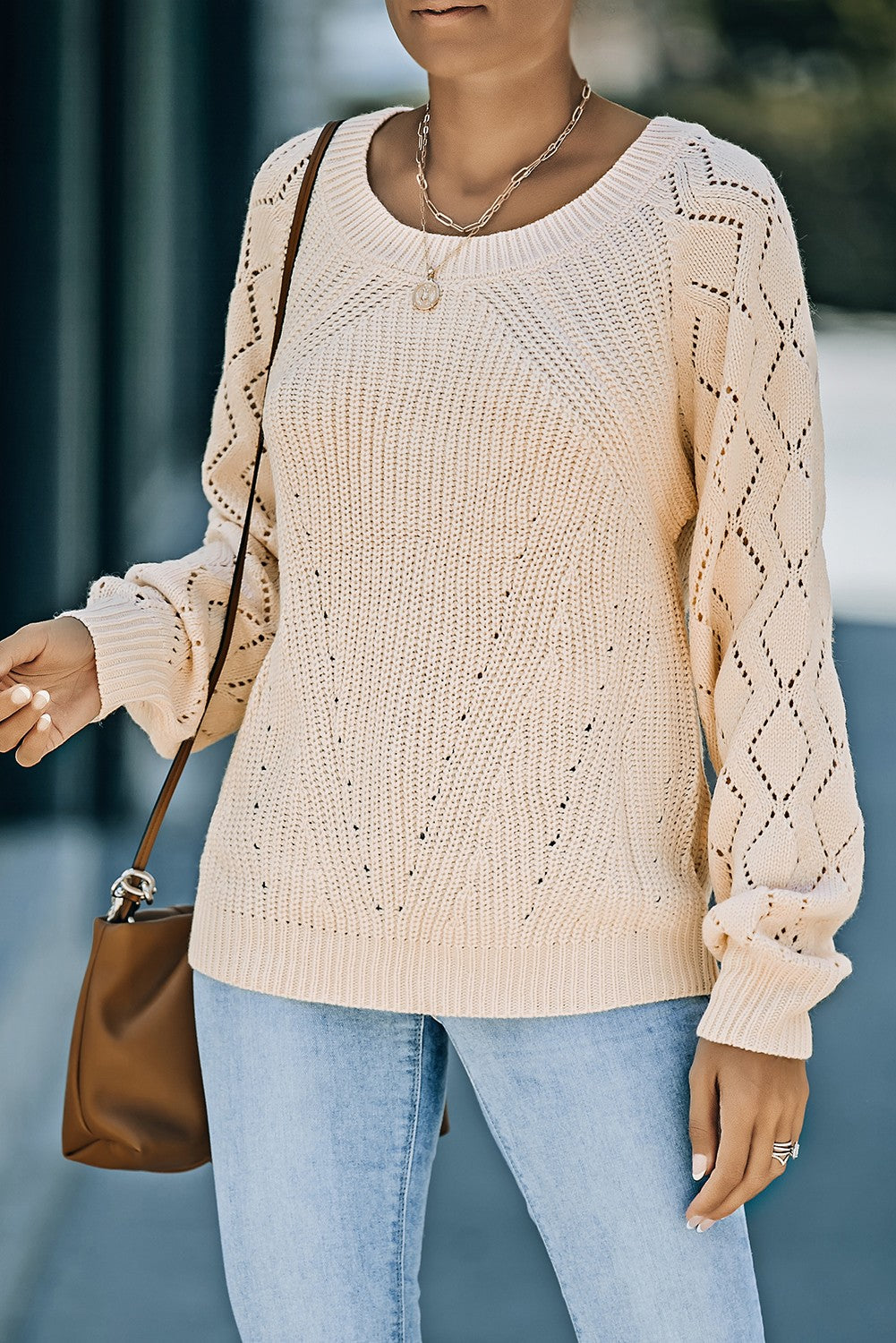 Openwork Round Neck Raglan Sleeve Sweater