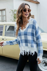 Plaid Frayed Trim V-Neck Sweater