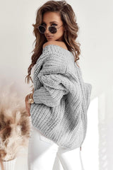 Grauer Grobstrickpullover mit Rippenbesatz