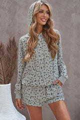 Animal Print Drawstring Detail Hoodie Shorts Lounge Set