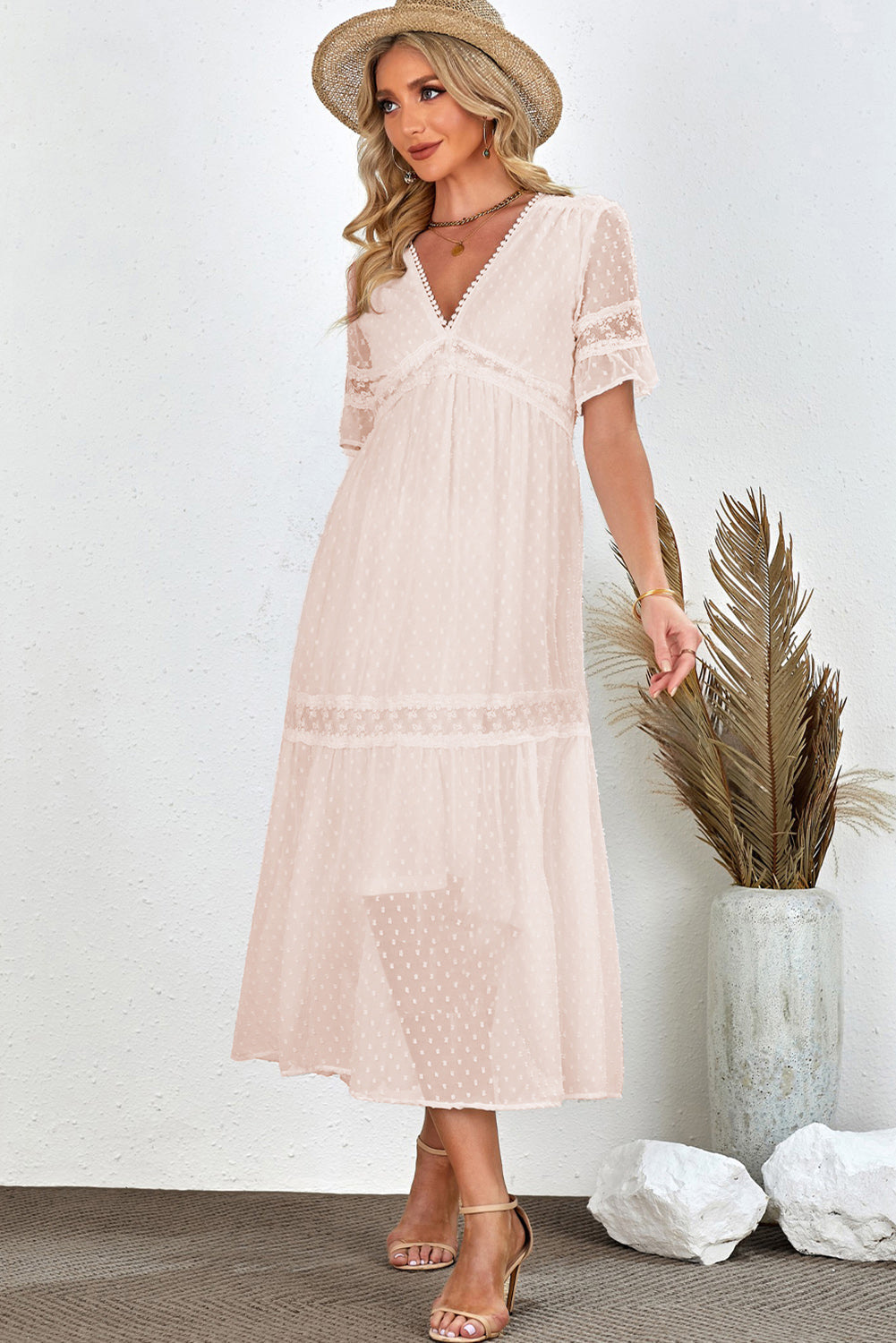 swiss dot knit dress midi Swiss Dot Strapless Smocked Midi Dress