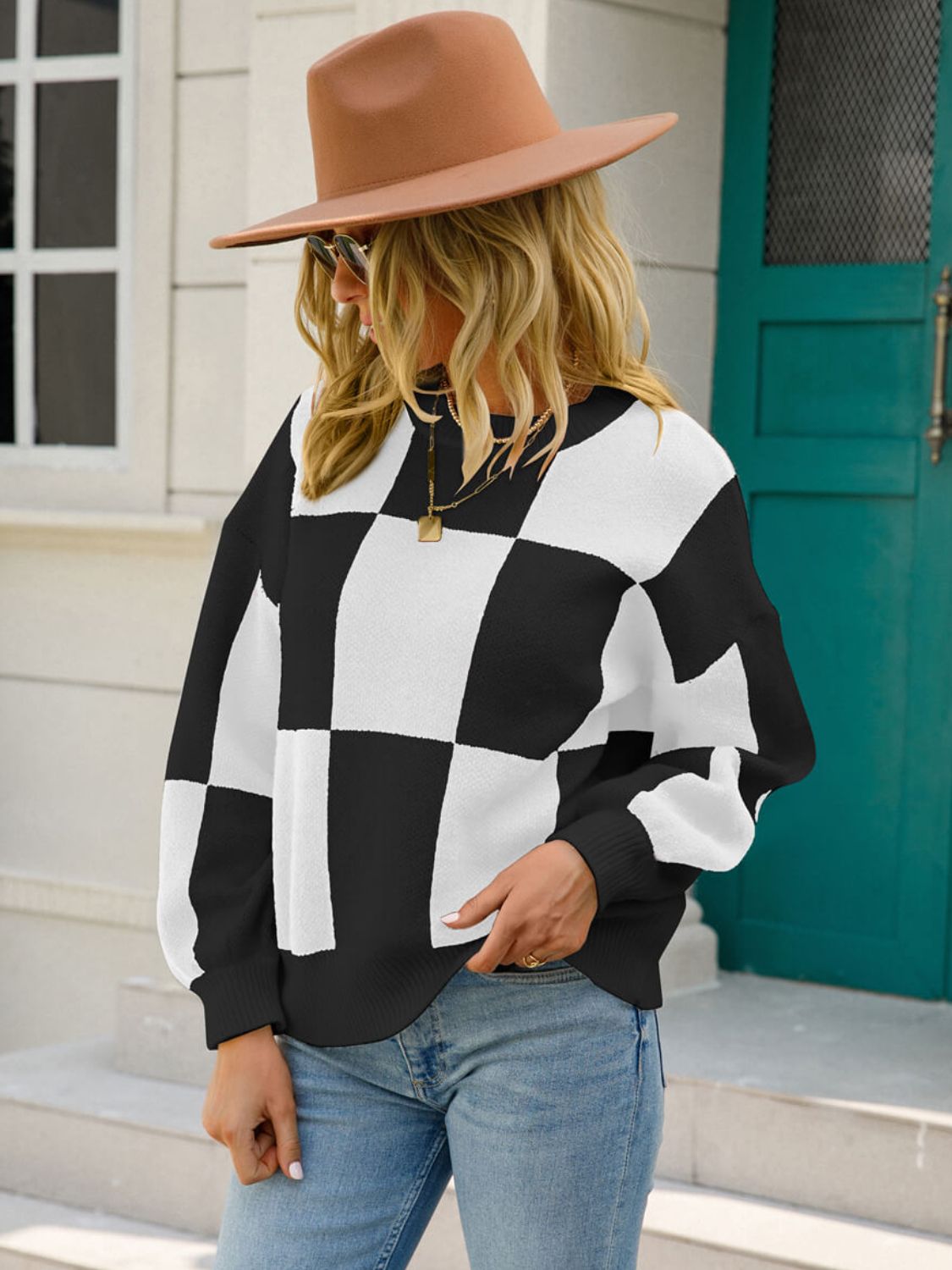 Checkered Dropped Shoulder Knit Pullover