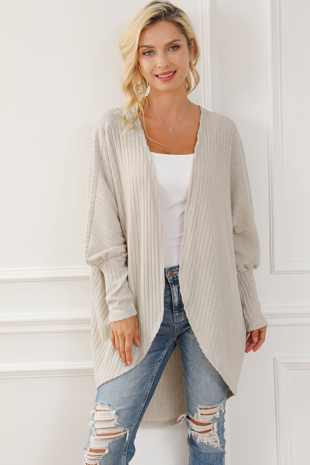 Parchment Batwing Sleeve Ribbed Knit Oversized Cardigan