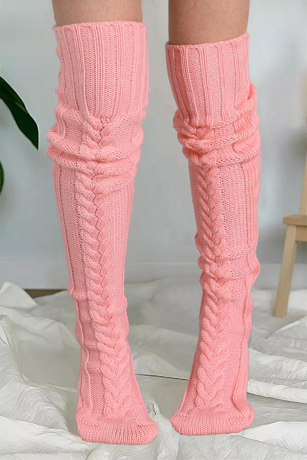 Pink Fishbone Hollowed Knit Over Knee Long Socks
