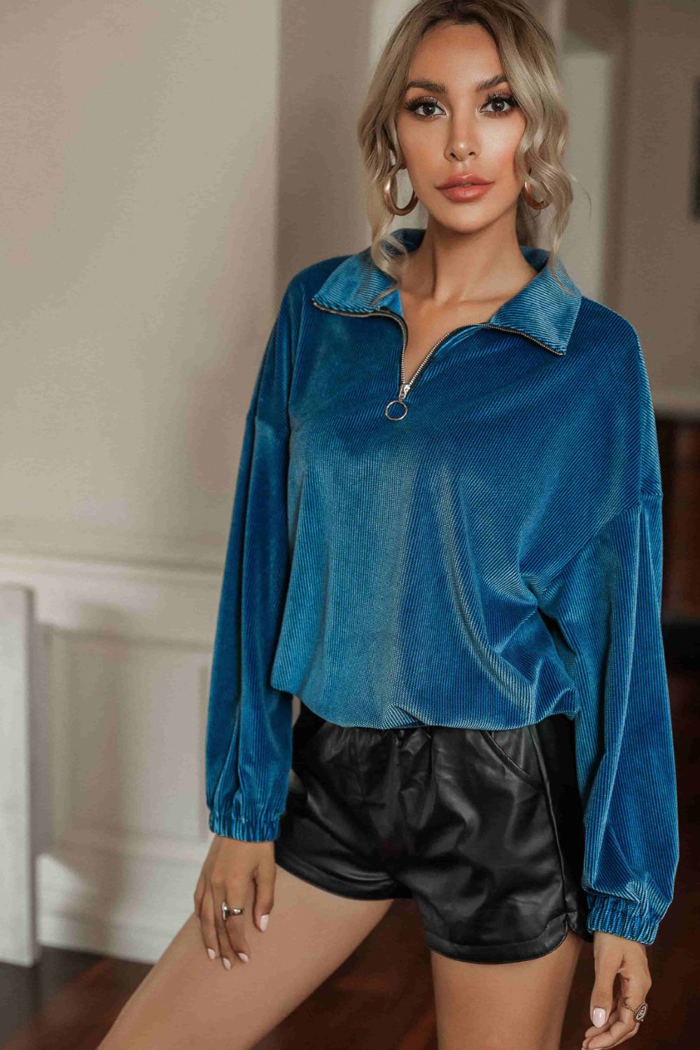 Quarter-Zip Collar Drop Shoulder Top