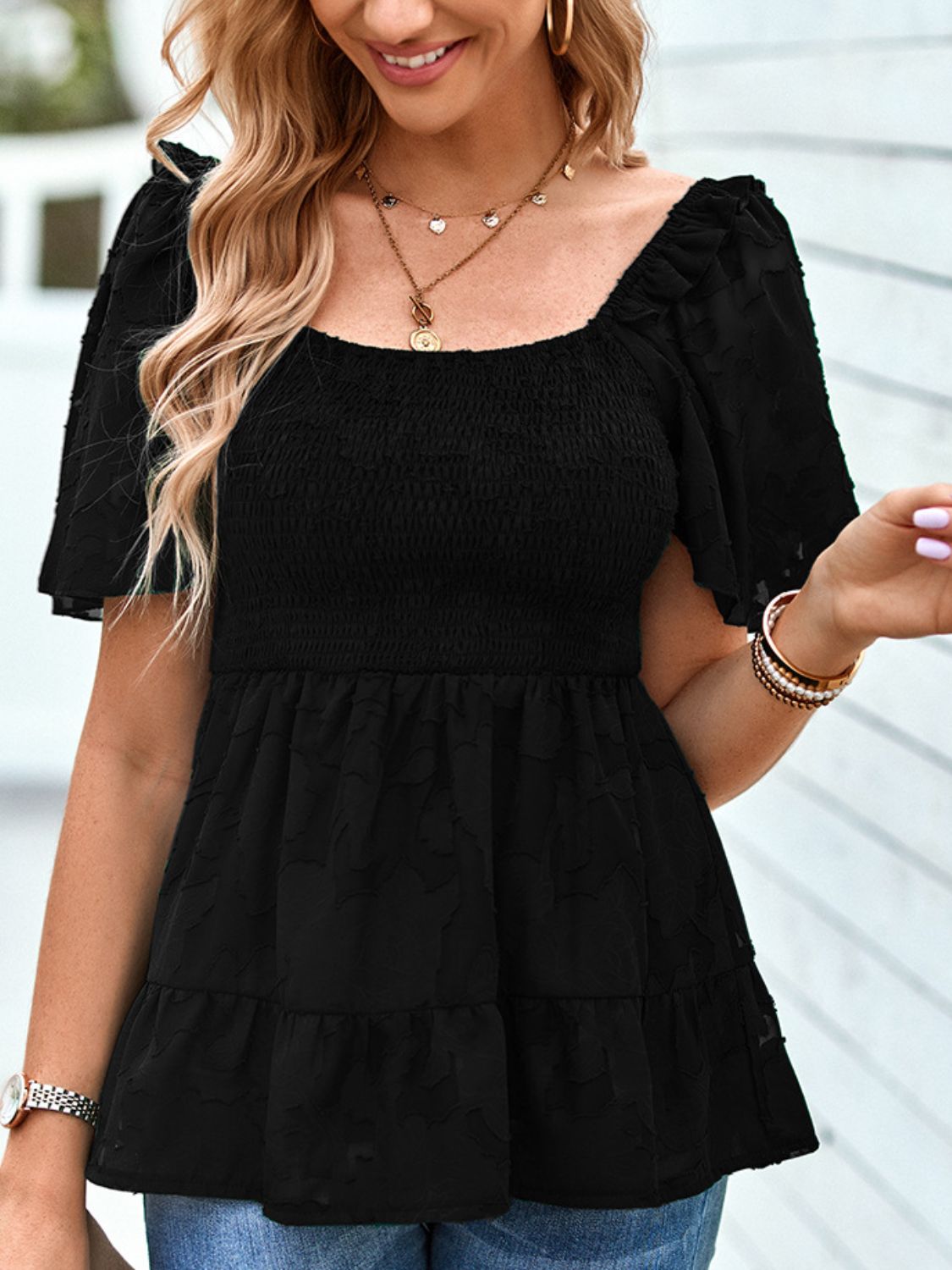 Gesmoktes Babydoll-Bluse mit quadratischem Ausschnitt