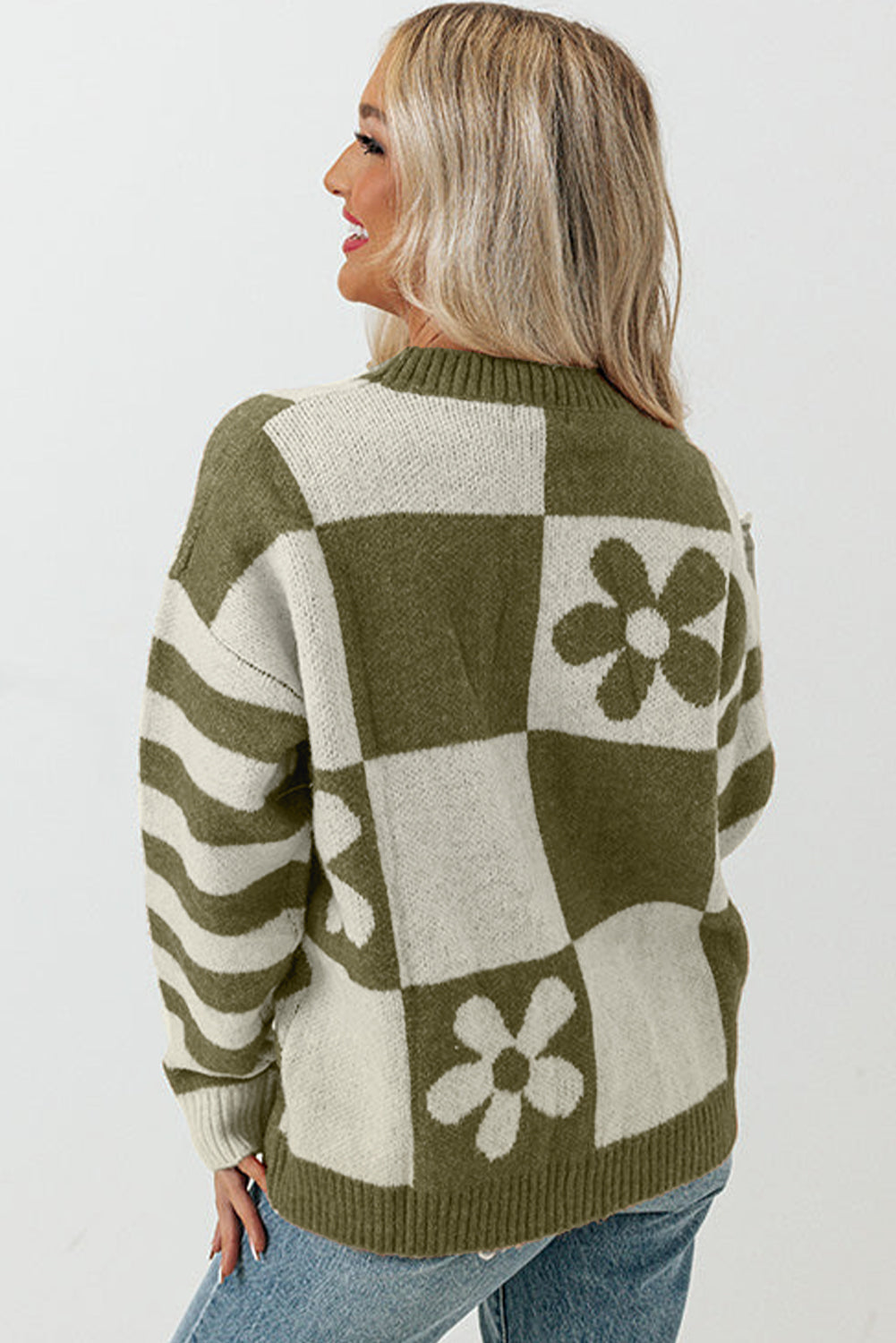 Brown Checkered Striped Knitted Pullover Sweater
