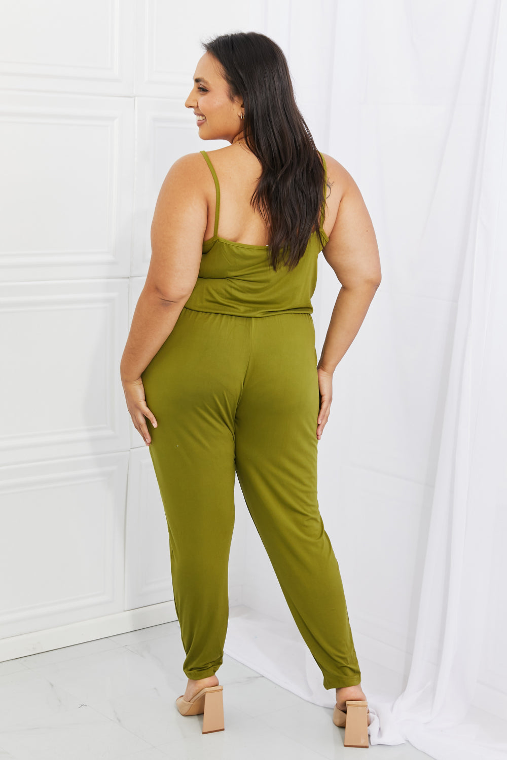 Capella Comfy Casual Full Size Solid Elastic WaistbJumpsuit in Chartreuse