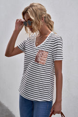 Striped Sequin Patch V-Neck Tee