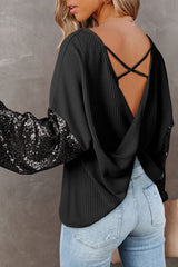 Black Santa Claus & HO HO HO Sequin Sleeve Graphic Top