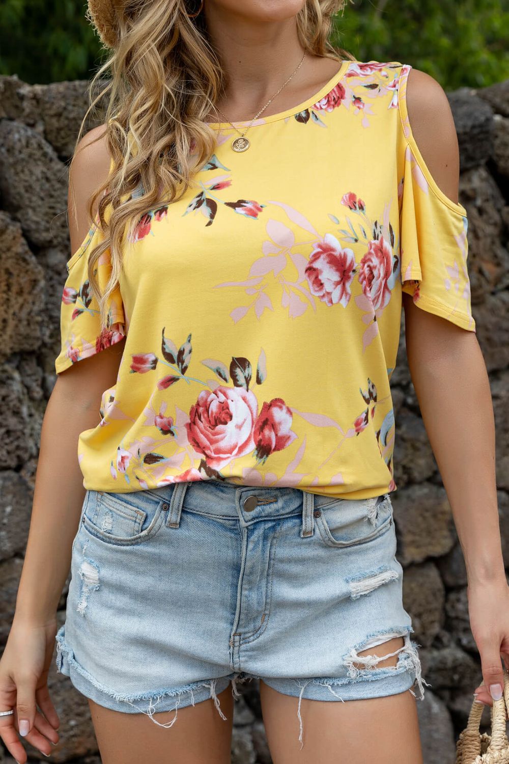 Floral Cold-Shoulder Round Neck Top