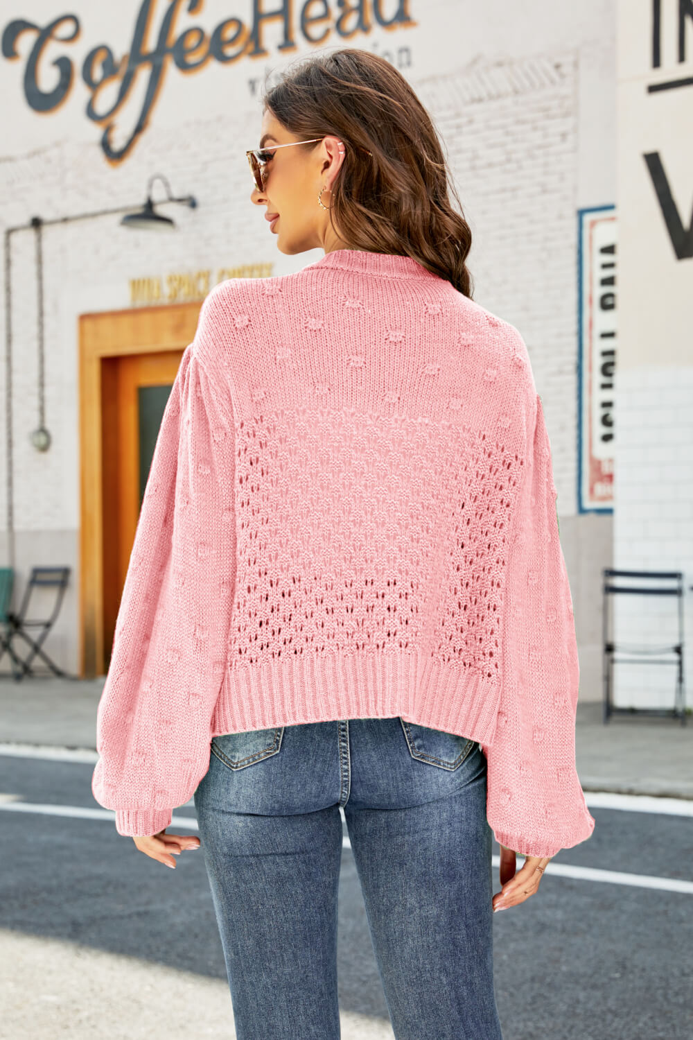 Cardigan mit durchbrochenen Pompoms und Puffärmeln