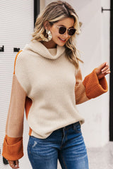 Color Block Rib-Knit Cowl Neck Sweater