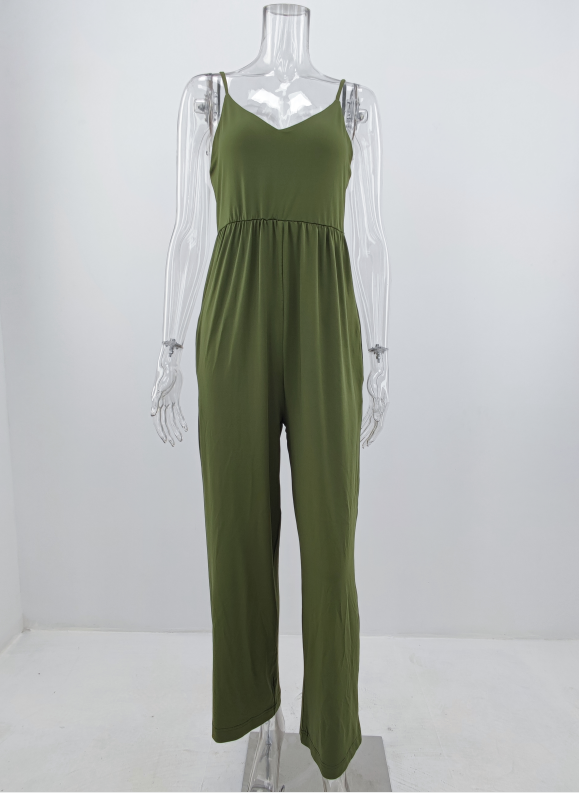 Knitted Office Pocket V Neck Solid Color Jumpsuit