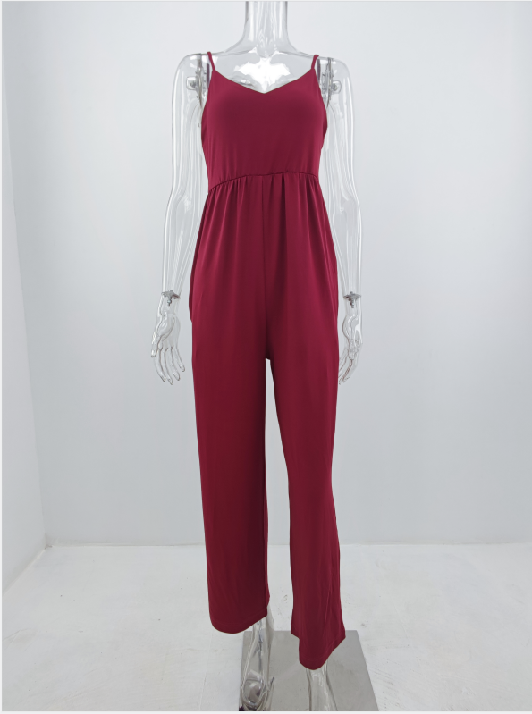 Knitted Office Pocket V Neck Solid Color Jumpsuit