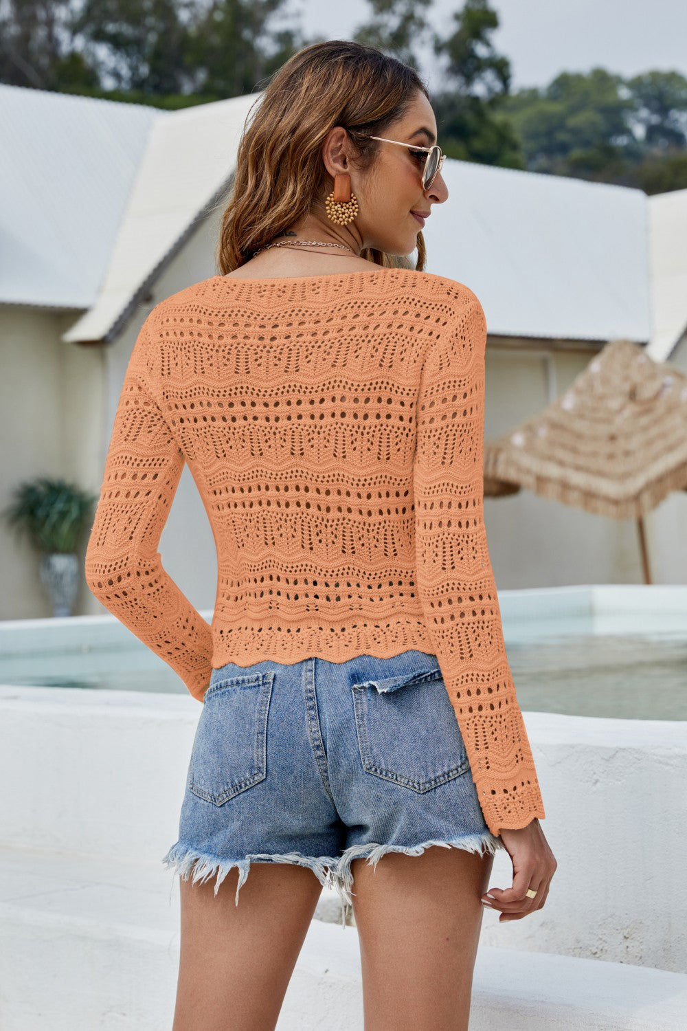 Pullover mit gerüschtem Durchbruch und Kordelzug