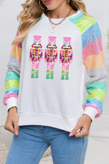 Weißes Sweatshirt mit Pailletten und Colorblock-Ärmeln und Nussknacker-Grafik