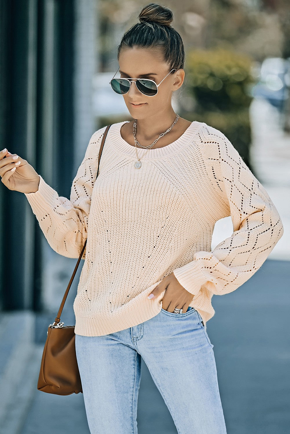 Openwork Round Neck Raglan Sleeve Sweater