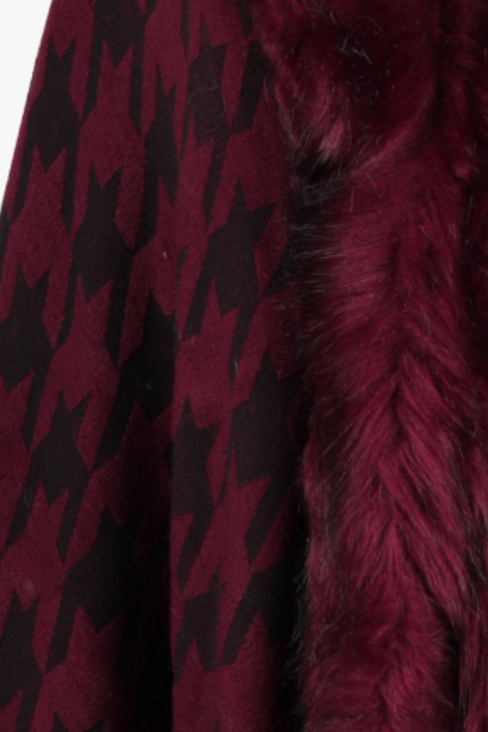 Houndstooth Faux Fur Trim Fringe Hem Poncho