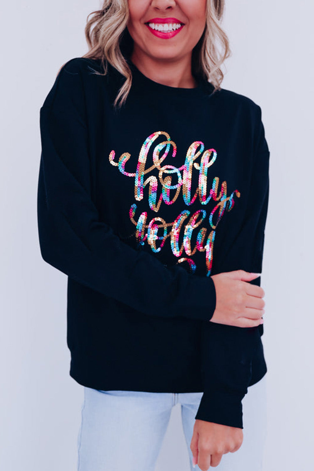 Sweat-shirt noir décontracté à col rond et imprimé graphique Holly Jolly