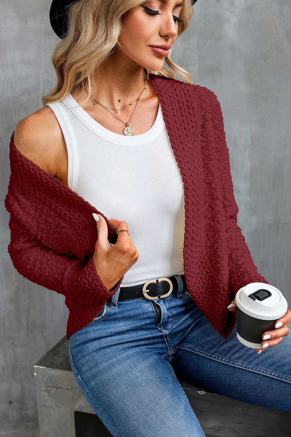 Apricot Popcorn Knit Open Front Cardigan