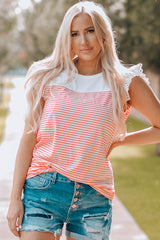 Striped Lace Trim Flutter Sleeve Top