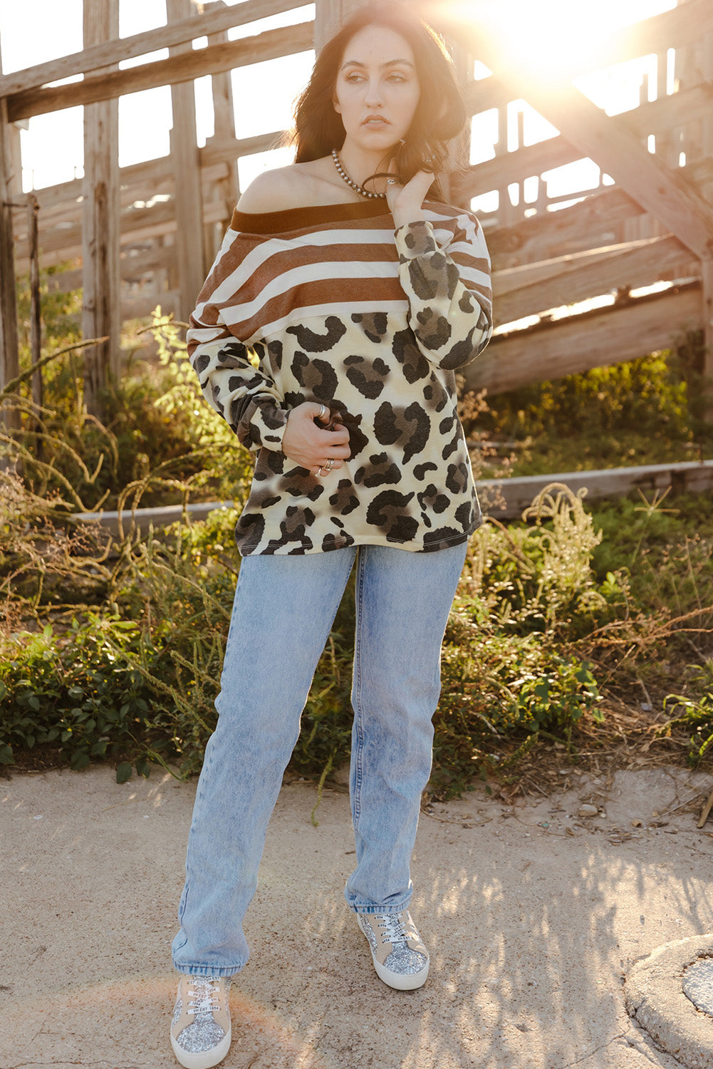 Striped Leopard Long Sleeves T-Shirt