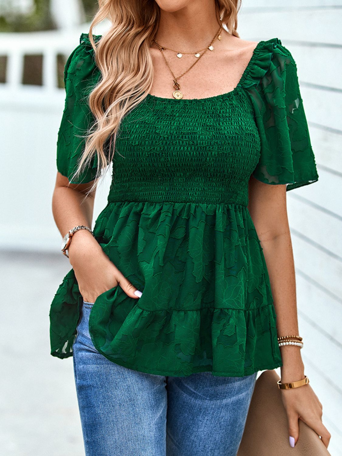 Gesmoktes Babydoll-Bluse mit quadratischem Ausschnitt
