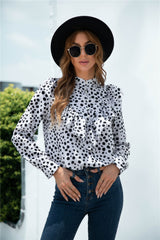 Animal Print Buttoned Ruffled Long Sleeve Blouse