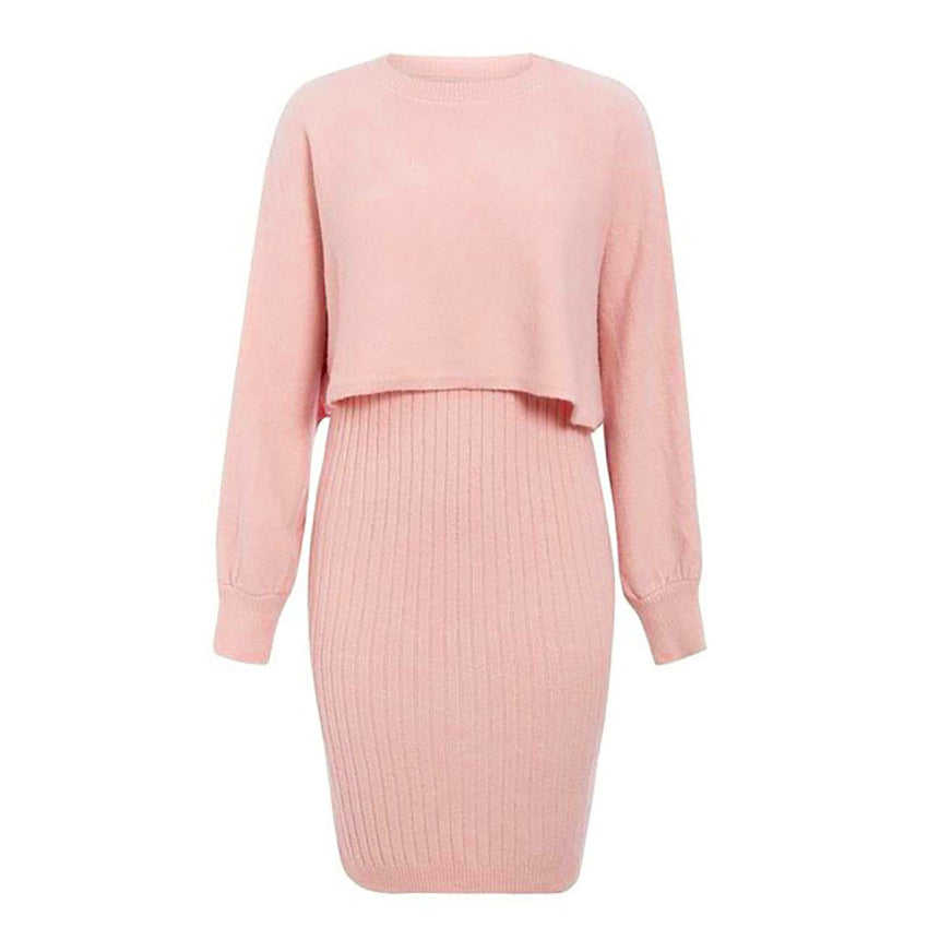 Knitted Dress Two Piece Set Solid Color Pullover Sweater