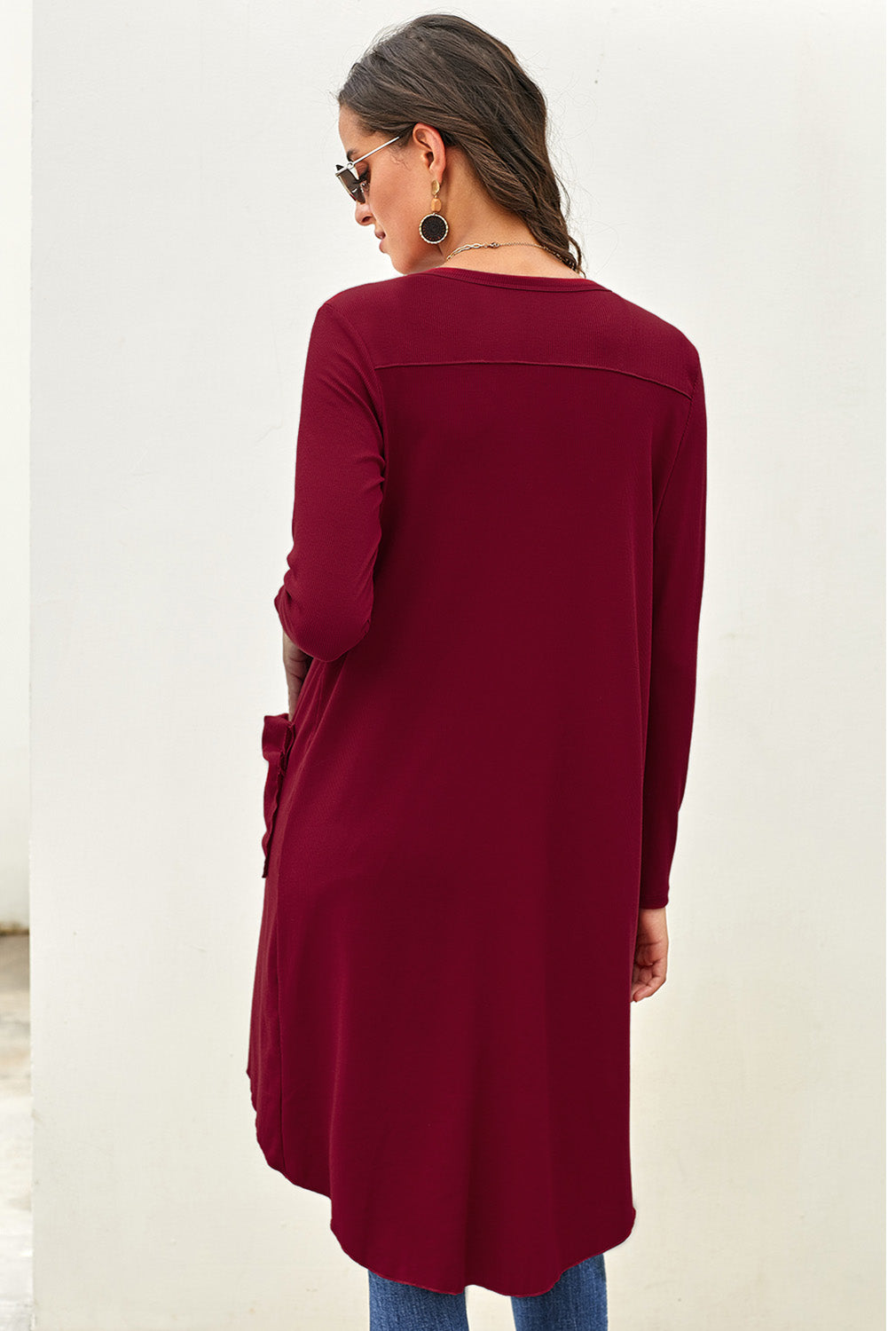 High-Low-Cardigan mit V-Ausschnitt und Taschen