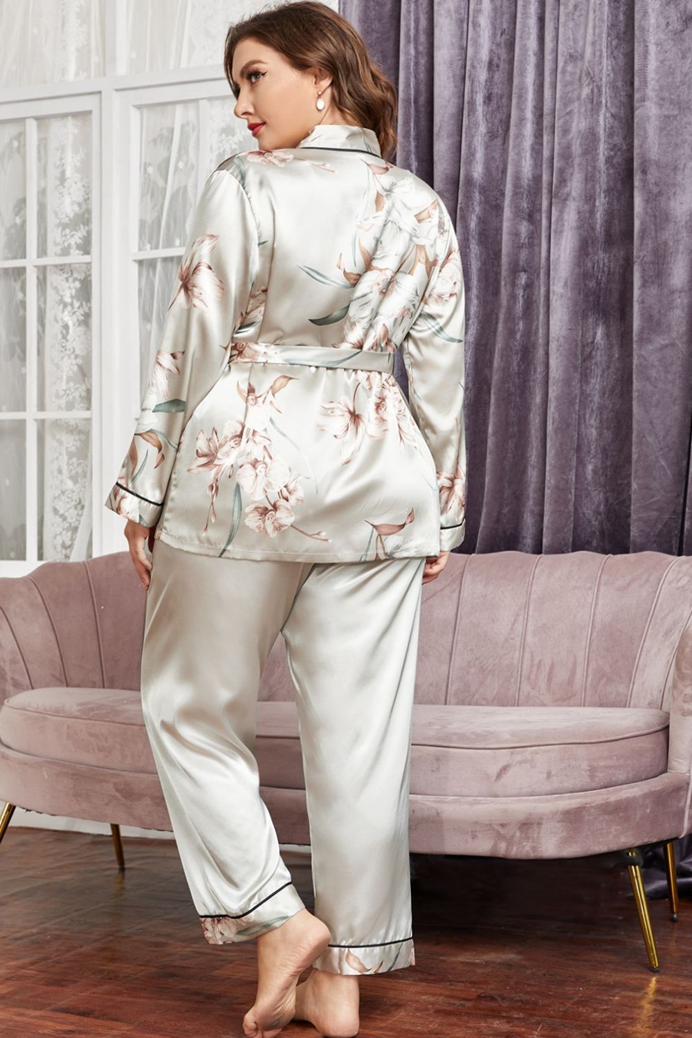 Plus Size Floral Belted Robe Pants Pajama Set