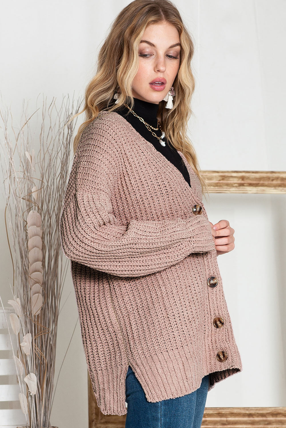 Khakifarbene, einfarbige, lässige Strickjacke mit Knöpfen