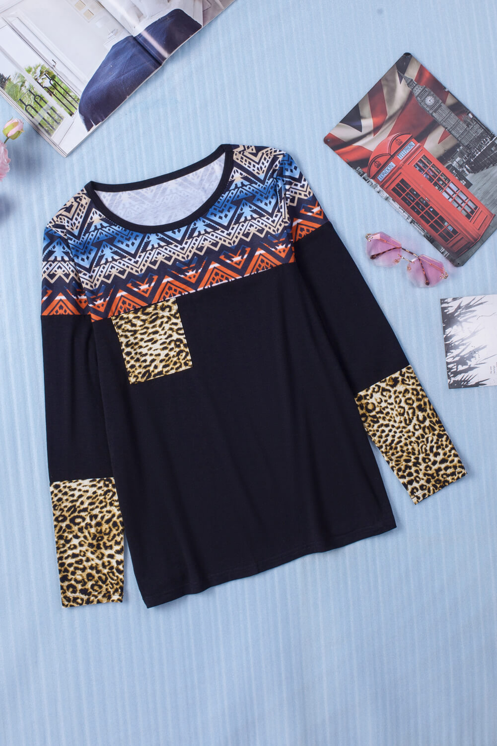 Printed Color Block Round Neck Top