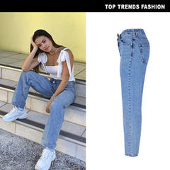 High Waist Loose Straight Small Horn Denim Trousers High Low Irregular Asymmetric Pants Street