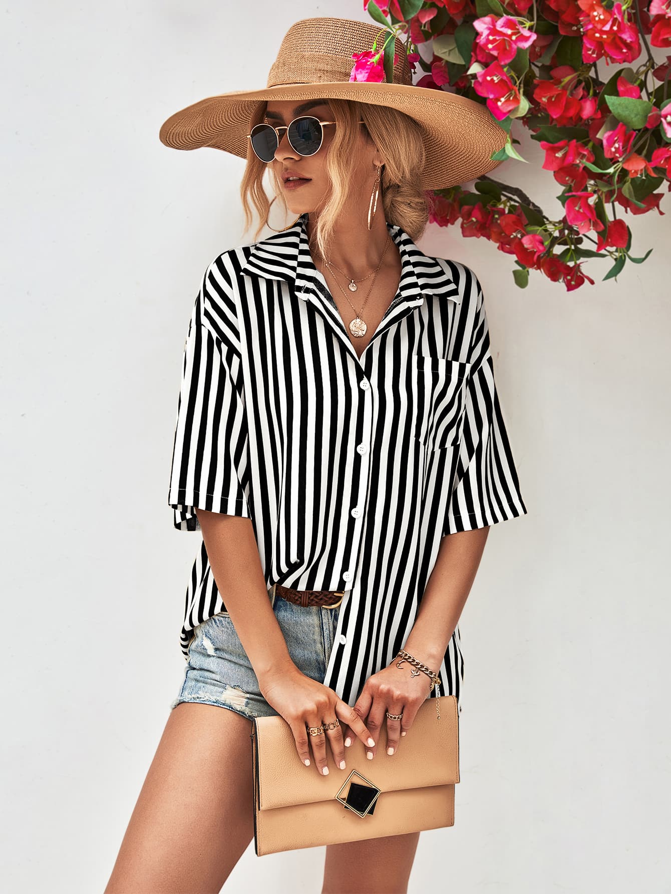 Chemise rayée à manches mi-longues et épaules tombantes