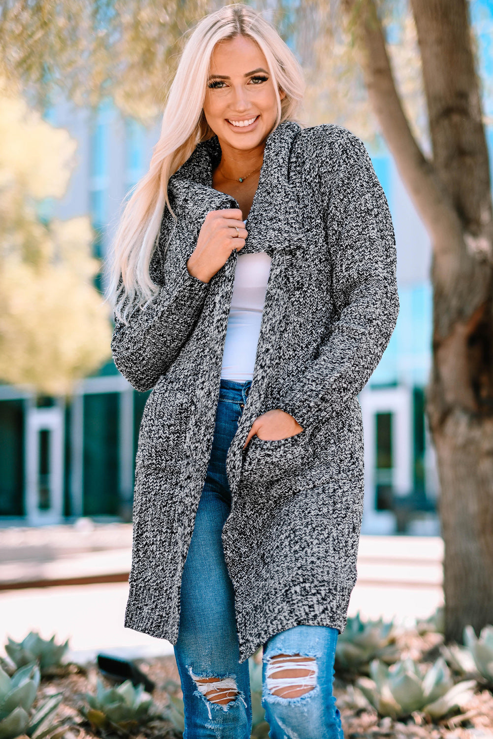 Melierter Longline-Cardigan mit offener Vorderseite und Taschen
