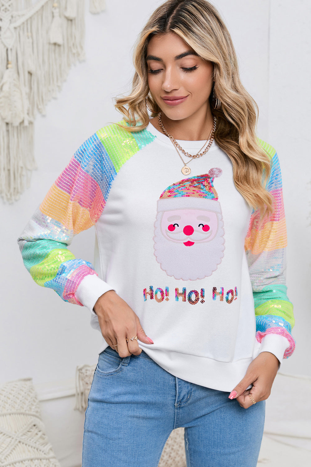 White Sequins Colorblock Sleeve Santa Claus Graphic Sweatshirt