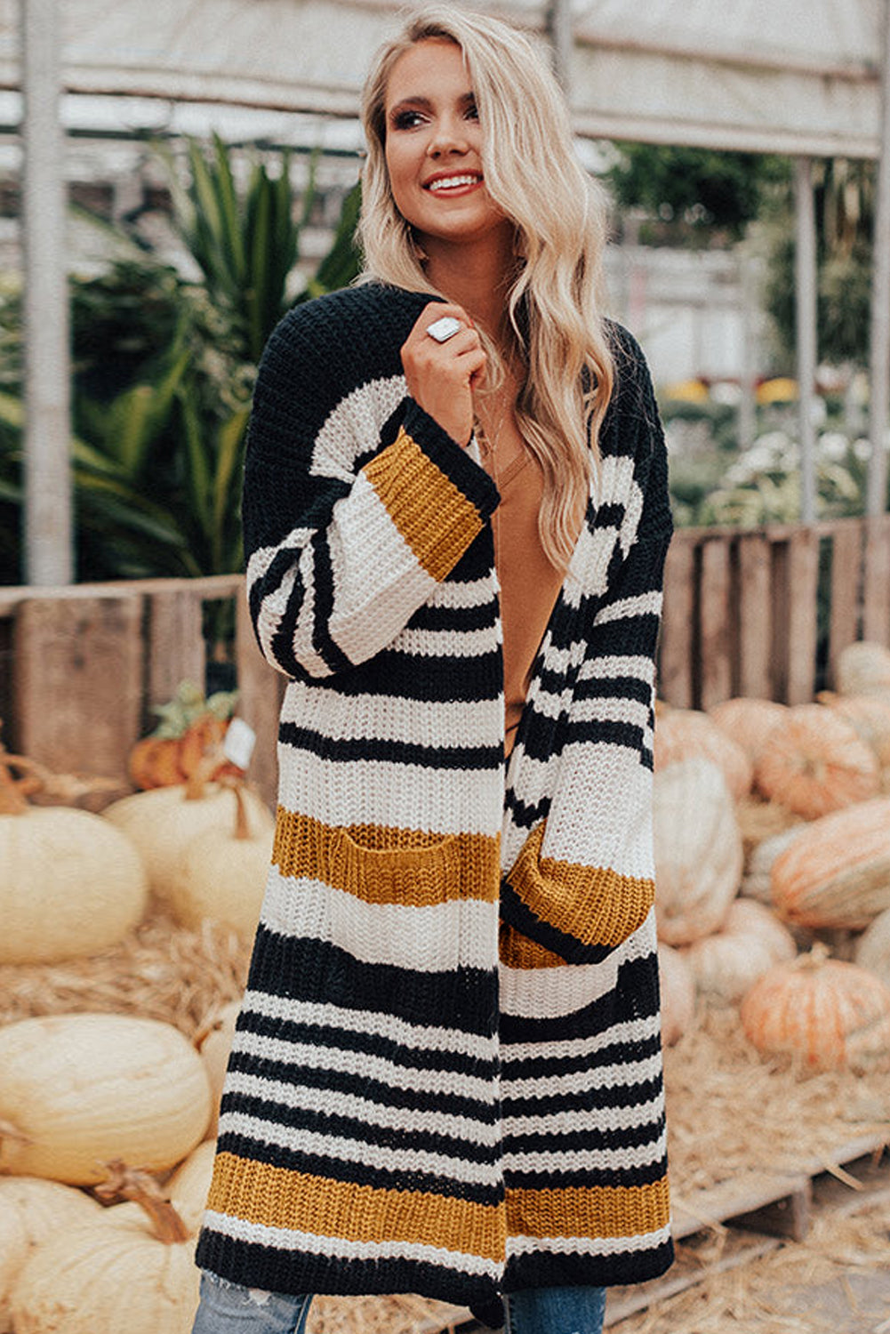 Striped Drop Shoulder Open Front Long Cardigan