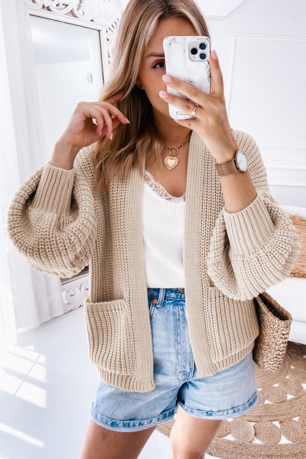 Apricot Solid Pocketed Open Short Cardigan