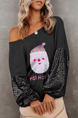 Black Santa Claus & HO HO HO Sequin Sleeve Graphic Top