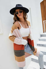 Striped Drop Shoulder Pocket Longline Cardigan