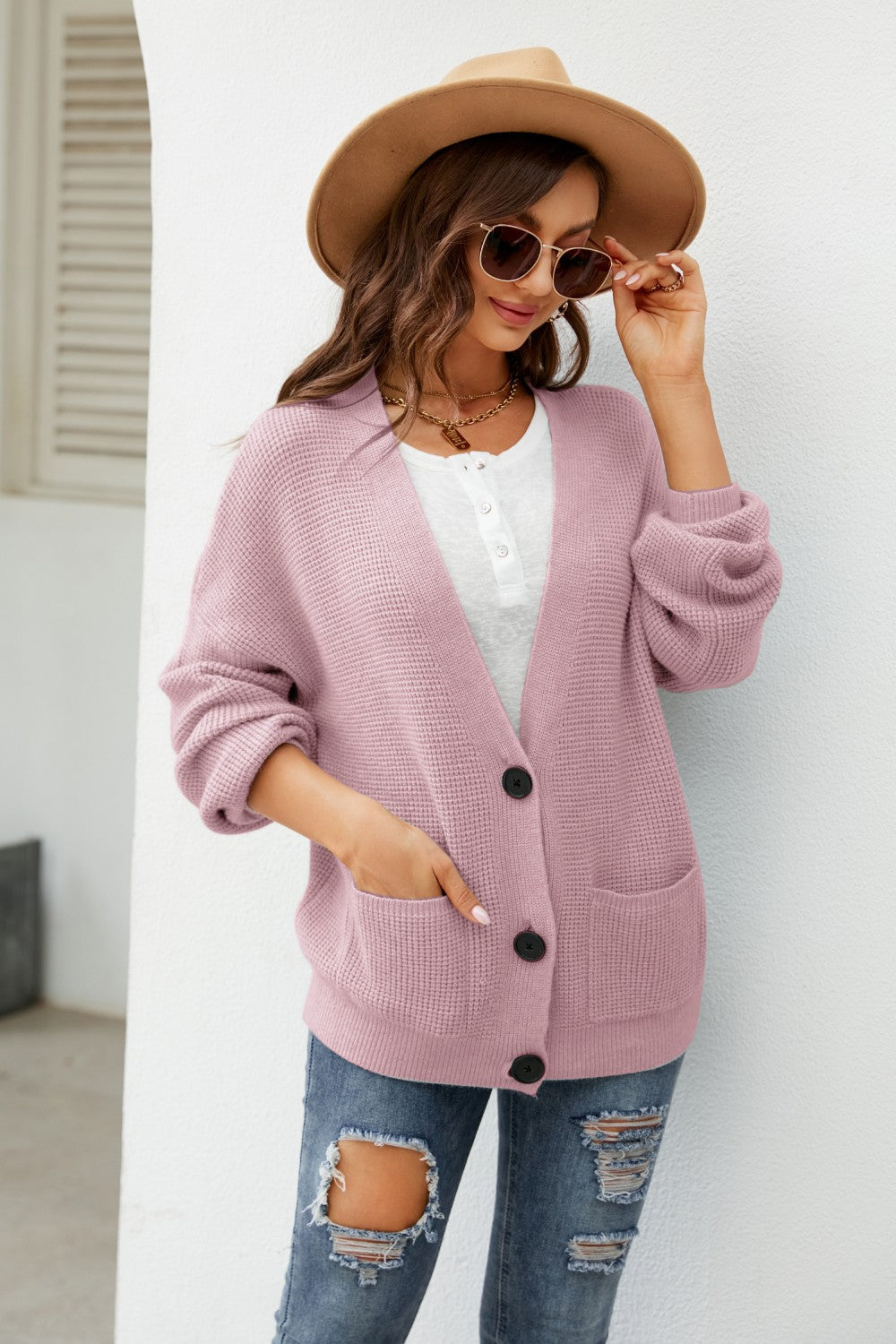 Waffle-Knit Dropped Shoulder Cardigan with Pockets