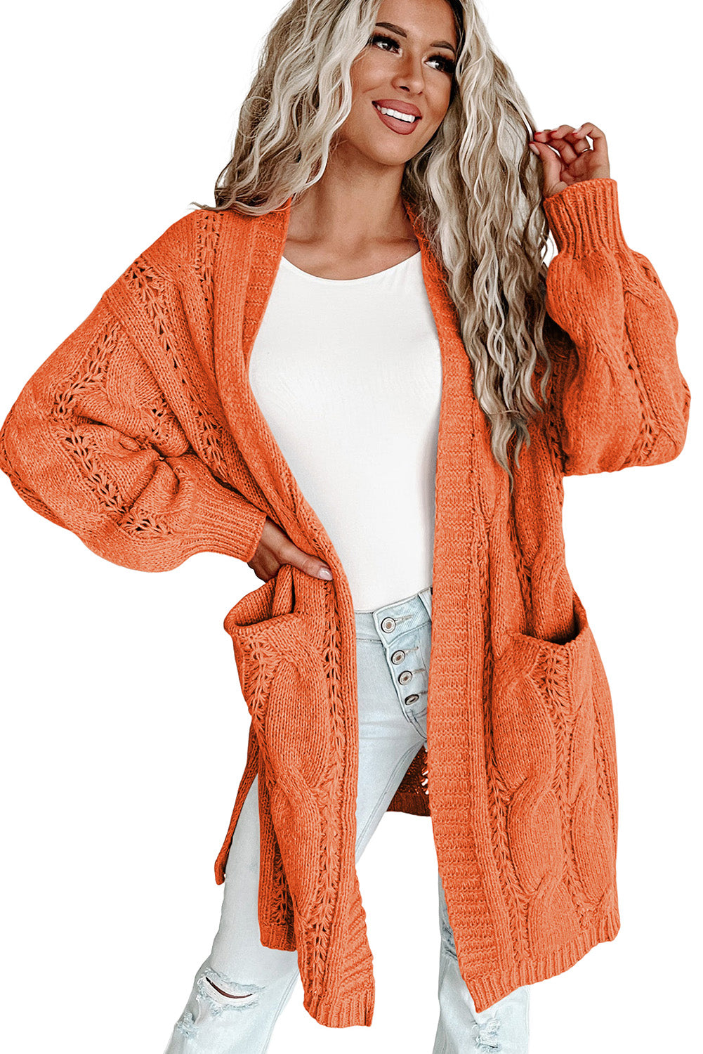 Apricot Ribbed Trim Hollow Knit Side Slits Cardigan