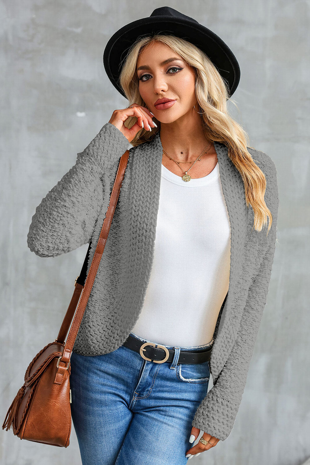 Apricot Popcorn Knit Open Front Cardigan