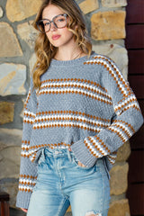 Striped High Low Hem Knitted Jacquard Sweater