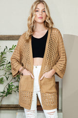 Kamelfarbener Pointelle-Strickcardigan mit offener Vorderseite und Tasche